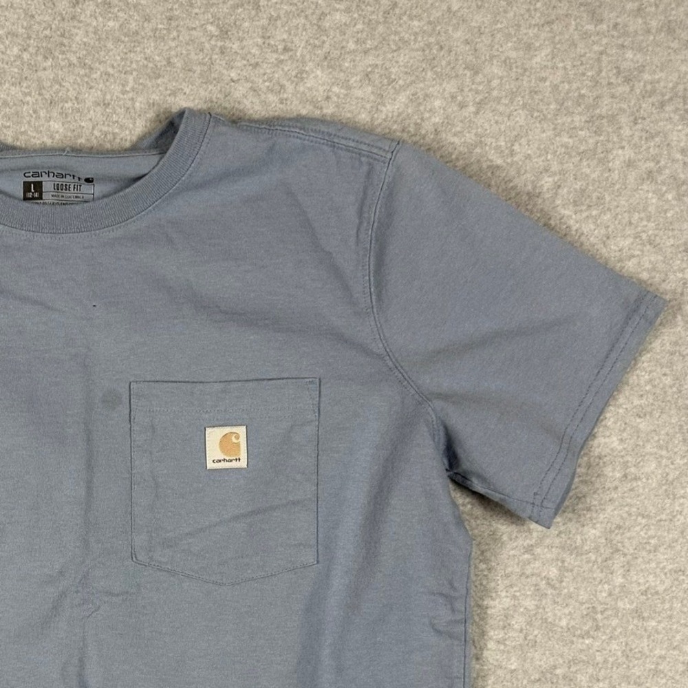 Carhartt Women's Loose Fit T Shirt Blue Pocket Tee Size L ** Cropped **